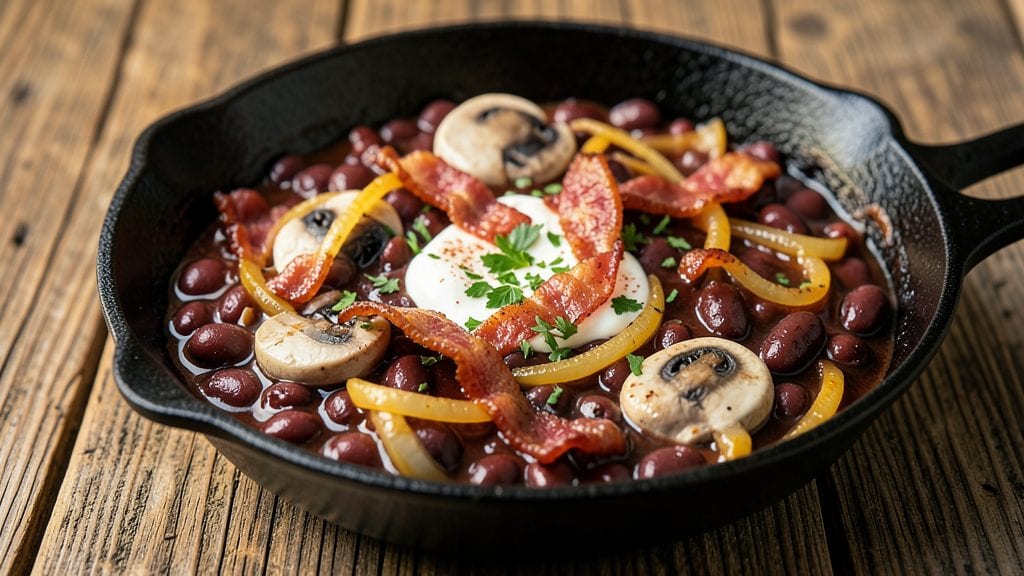Cowboy Beans BBQ Recipe: Smoky Bacon-Caramelized Top and Creamy Mushroom Depth
